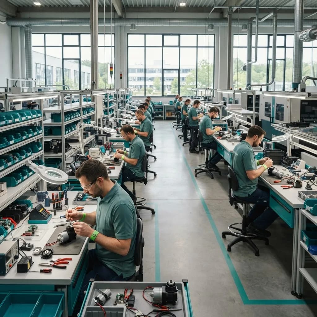 Engineers inspecting aquarium pump components on a modern factory assembly line
